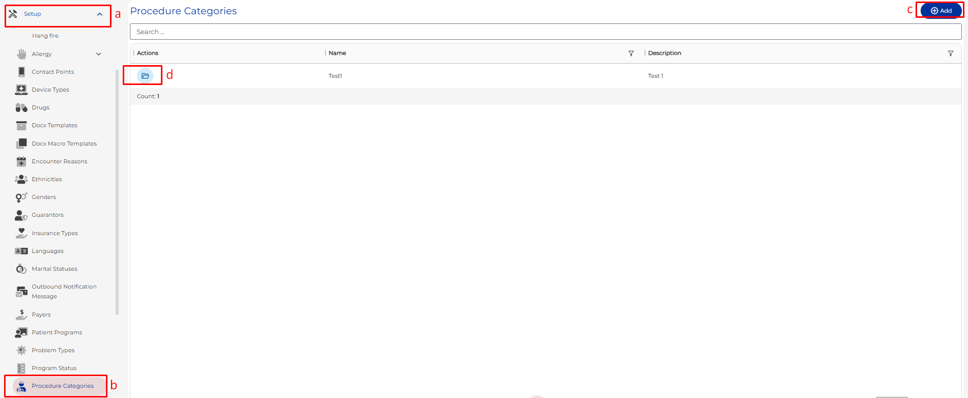 Procedure Categories Management Interface Overview