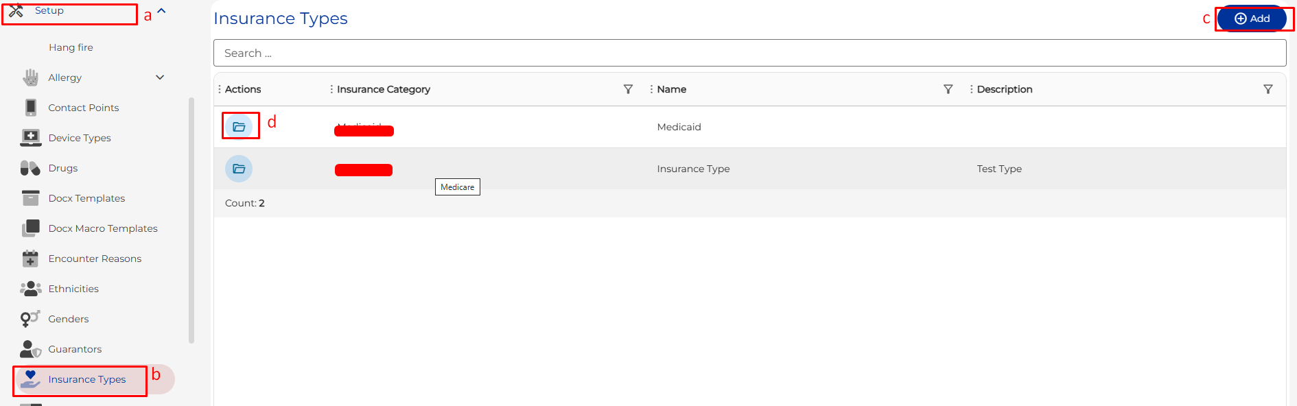 Insurance Types Management Interface Overview